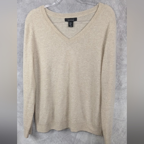 Tahari Size XL 2-ply 100% Cashmere V-Neck Tan Sweater - Picture 1 of 8